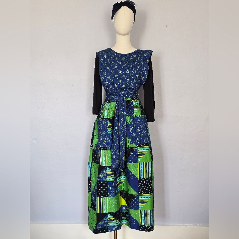 Vintage 1960s-70s Patchwork Cotton Pinafore Apron Dress Made in Japan